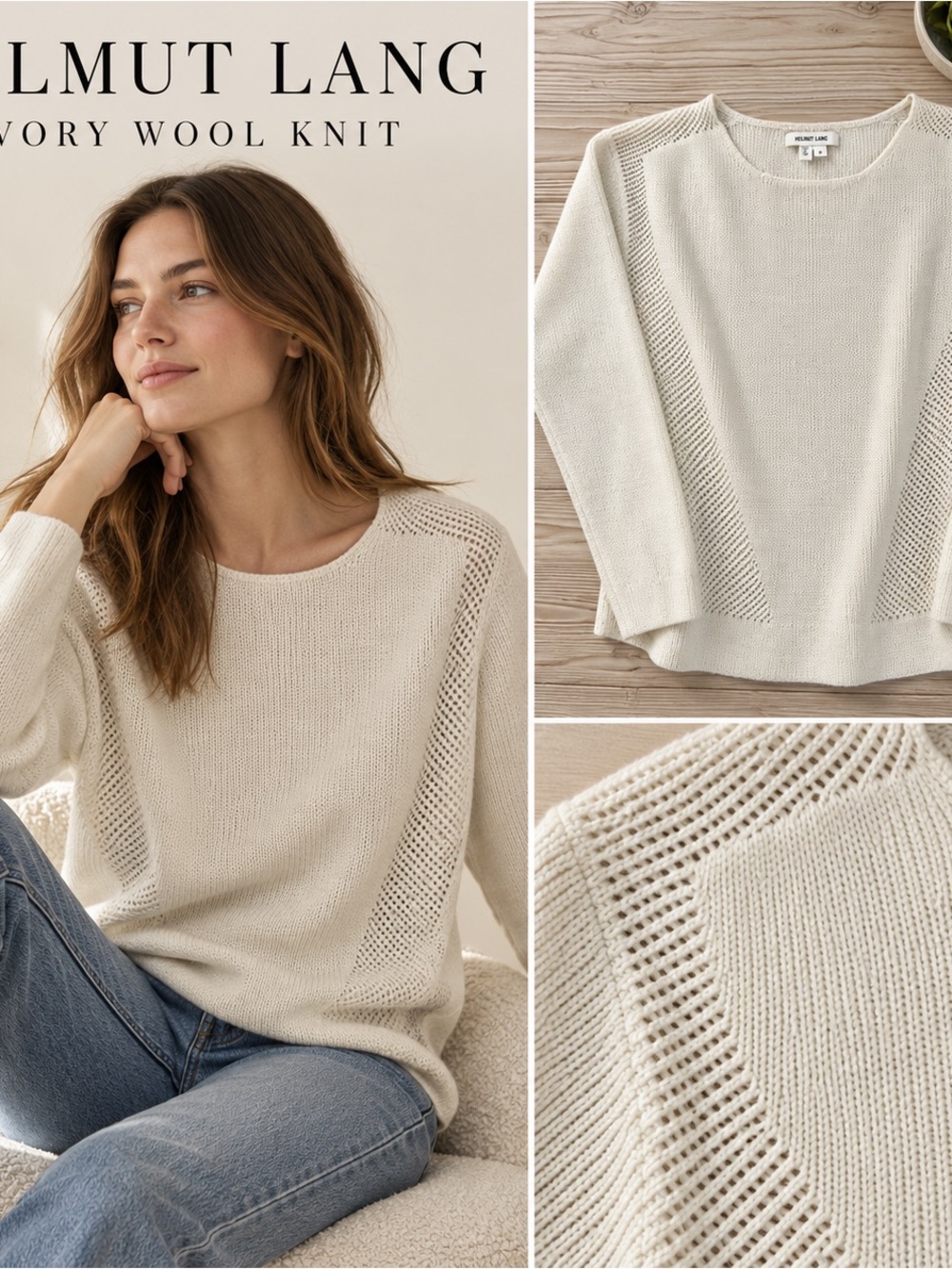 Helmut Lang Ivory Merino Wool Open Knit Sweater M